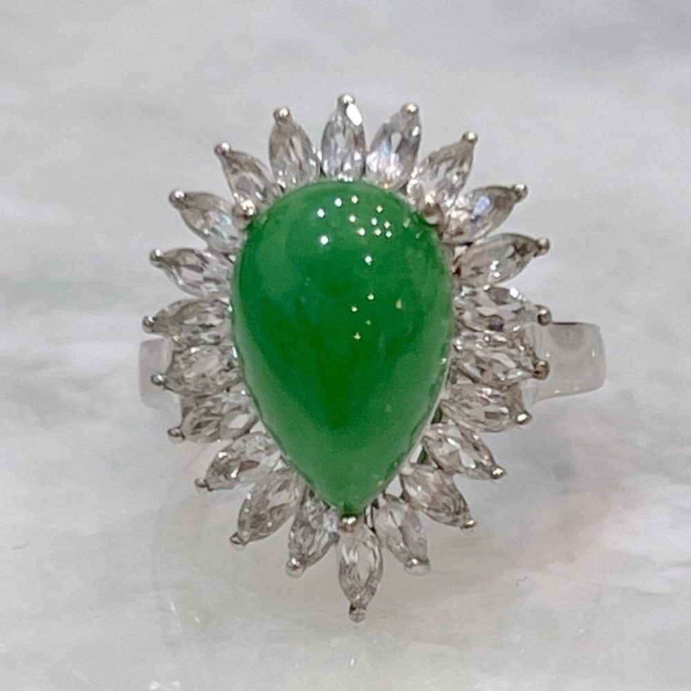 Burmese Green Jade White Topaz Sterling Silver Ring